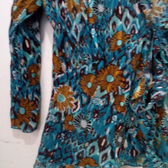 Kim Rogers Blouse Women L 3/4 Sleeve Simi Sheer Ruffle Open Tie Front Teal Brown - Picture 5 of 16